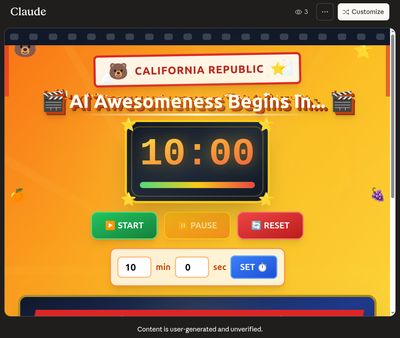 A colorful countdown-timer screen showing a 10-minute timer titled 'AI Awesomeness begins in...'