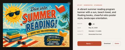 A vibrant 'Dive into Summer Reading' program banner generated in PLAID3 Studio, shown beside the prompt and settings used to create it.
