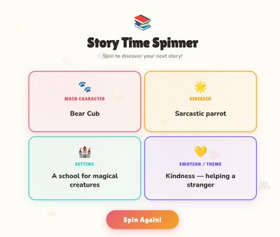 A web app with dropdown selectors for Main Character, Sidekick, Setting, and Emotion/Theme.