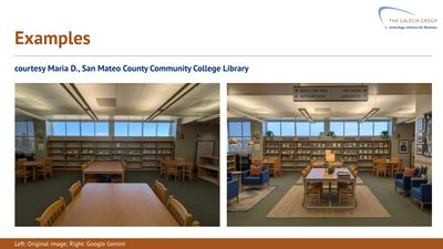 Side-by-side comparison: a sparsely furnished community college library reading room, and an AI-generated mockup of the same room redecorated with added furniture, lighting, and decor.
