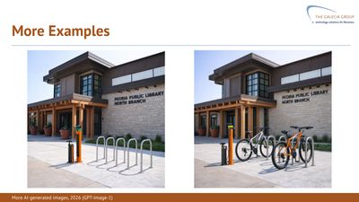 Another AI-edited view of the library exterior showing a bike rack and bike repair station added along the walkway.
