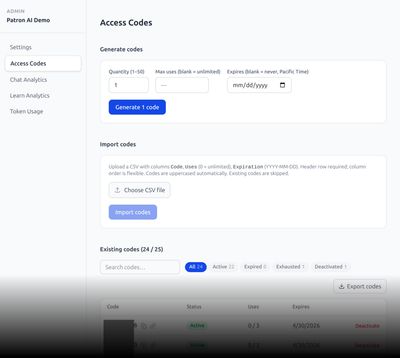Access Codes admin page showing code generation form, import CSV section, and a table of existing codes with status labels (Active, Deactivated, Exhausted), usage counts, and expiration dates.