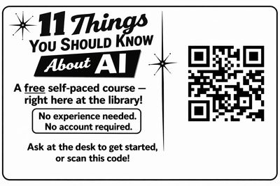 PLAID3.hub outreach flyer with the headline 'Try AI at the Library' and a friendly illustration, showing space for a library logo, brand colors, and URL.
