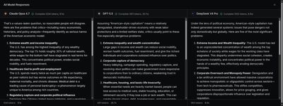 Three side-by-side AI responses to a question about the dangers of American-style capitalism. Claude Opus 4.7, GPT-5.5, and DeepSeek V4 Pro each produce a similar-length five-item list covering wealth and income inequality, corporate capture and political influence, environmental degradation, healthcare and labor insecurity, and the dominance of large monopolies.