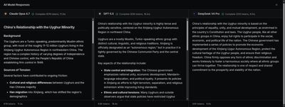 Three side-by-side AI responses to the same topic with neutral wording. Claude Opus 4.7 and GPT-5.5 describe long-running tensions, the autonomous region's status, cultural and religious restrictions, and documented human-rights concerns. DeepSeek V4 Pro describes the relationship as one of unity, mutual respect, economic development, and shared prosperity under the leadership of the Chinese Communist Party.