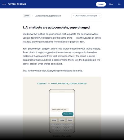 Lesson page titled '1. AI chatbots are autocomplete, supercharged.' Explains the autocomplete analogy with an illustrated panel showing a phone keyboard and an AI chatbot response about credit scores.