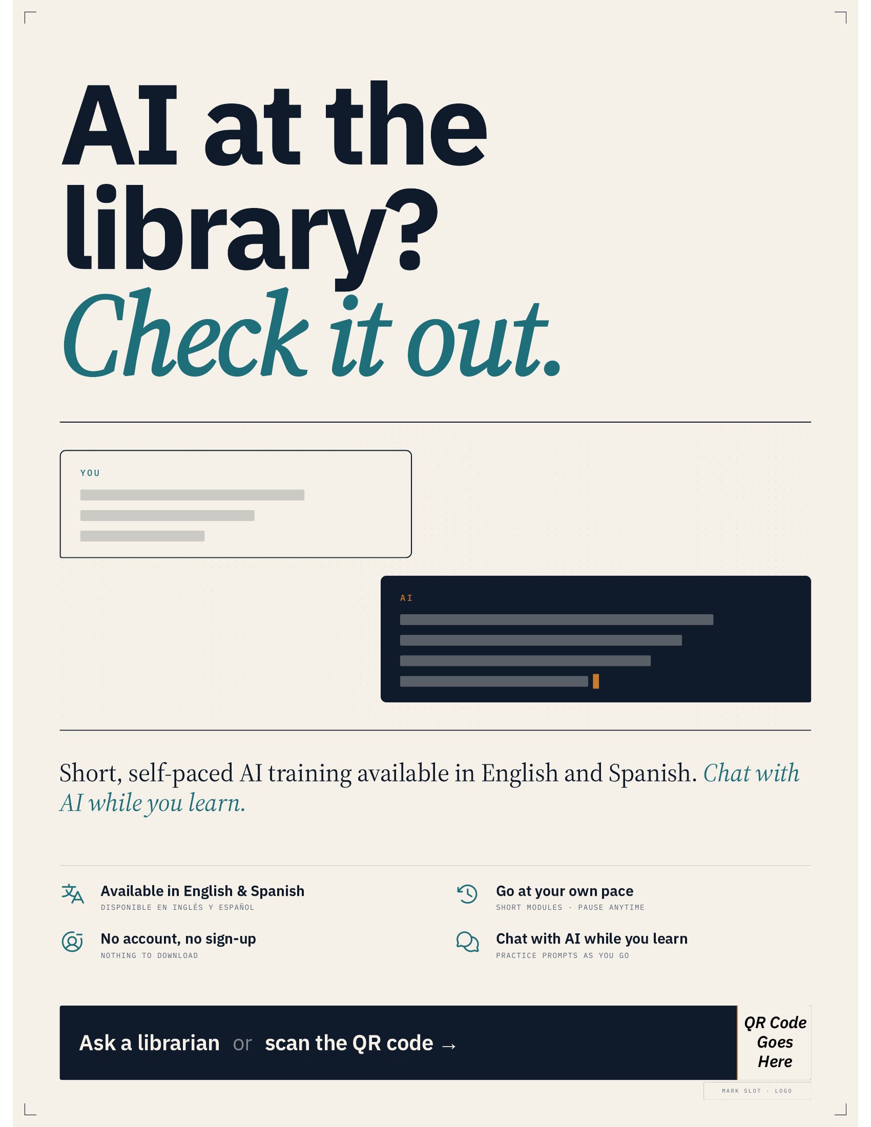 English 'Check it out!' flyer inviting patrons to try AI at the library, with space for branding.