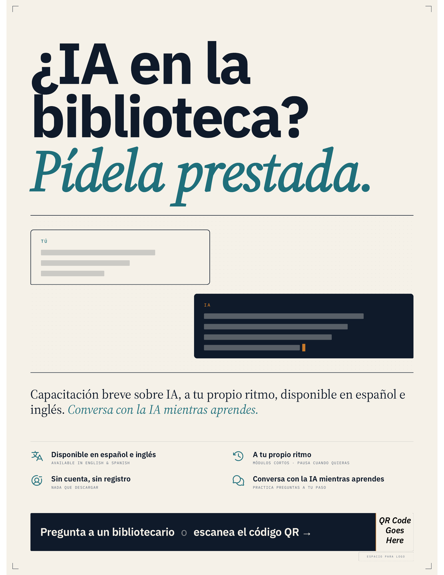 Spanish 'Check it out!' flyer inviting patrons to try AI at the library, with space for branding.