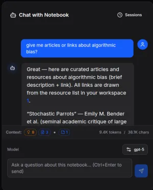 screenshot of a chat window. User question: give me articles or links about algorithmic bias" ; AI replies "Great..."