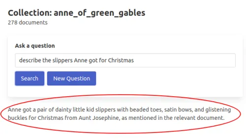 Screenshot of a web interface (collection: anne_of_green_gables, 278 documents) with an "Ask a question" box containing the query: "describe the slippers Anne got for Christmas". Below that, a circled answer is shown verbatim: "Anne got a pair of dainty little kid slippers with beaded toes, satin bows, and glistening buckles for Christmas from Aunt Josephine, as mentioned in the relevant document."