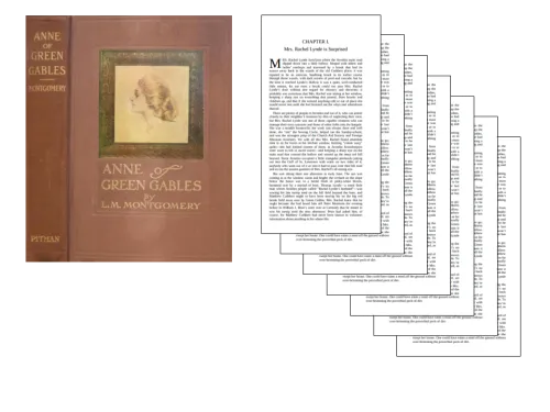 Image showing the front cover of the book "ANNE OF GREEN GABLES by L. M. MONTGOMERY" (brown cloth cover with a framed portrait) on the left, and on the right a stack of scanned interior pages fanned out; the top visible page is labeled "CHAPTER I. Mrs. Rachel Lynde is Surprised." 