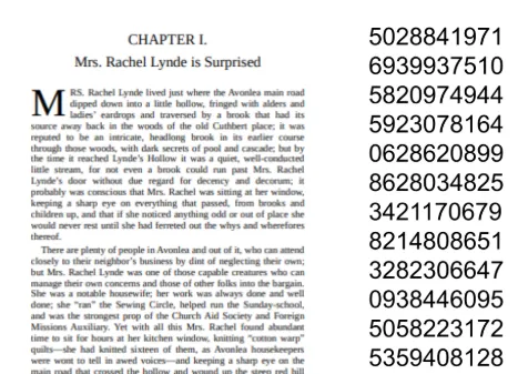 On the left, chapter 1 page 1 of the novel. On the right, long columns of numbers