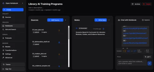 image of a four-panel notebook-style interface with a menu, Sources panel, Notes panel, and Chat panel