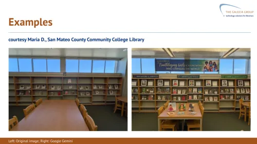 Side by side comparison image: left, original image, empty table in front of a sparse book display. Right side, AI-generated image featuring the same furniture with expanded display, banner, signage, etc.